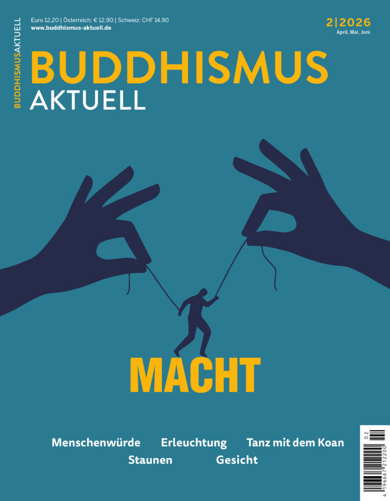 Titelbild von Buddhismus aktuell 2/2026, Schwerpunkt Macht. Ein Mensch wird an 2 Bändern von übergroßen Händen gezogen