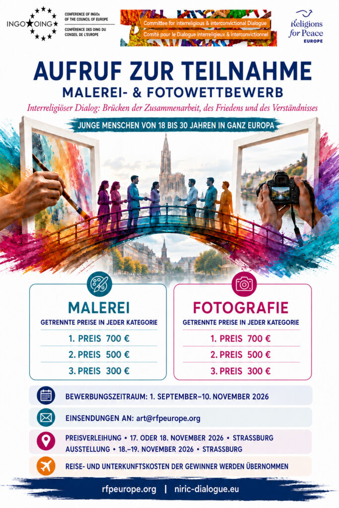 Poster zum Malerei und Fotowettbewerb "Interreligiöser Dialog: Brücken der Zusammenarbeit, des Friedens und des Verständnisse"